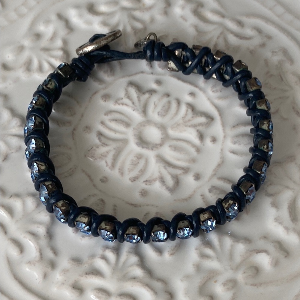 Fossil Sky Blue Crystals with Leather Wrapped Bracelet Button Closure